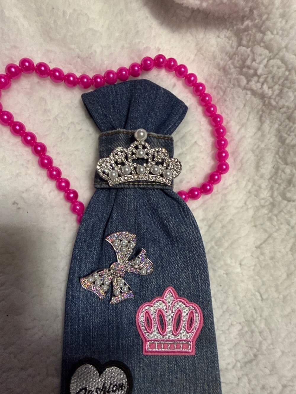 Denim Princess  Bow Clip with Pink Beaded Necklace